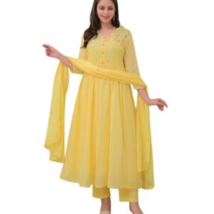 Women's Cotton Embroidered Anarkali Kurti With Pant and Dupatta set